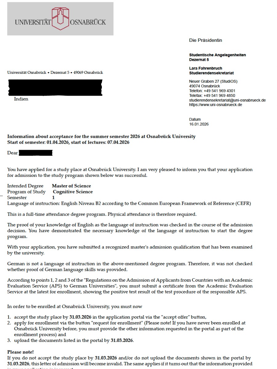 University of Osnabrück admission letter — GermanyWalla Academy student