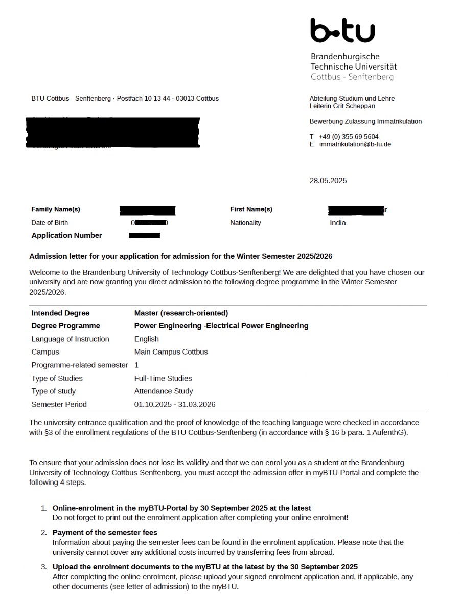 BTU Cottbus-Senftenberg admission letter — GermanyWalla Academy student