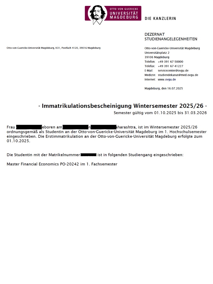 OVGU Magdeburg admission letter — GermanyWalla Academy student