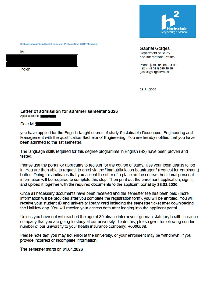 Hochschule Magdeburg-Stendal admission letter — GermanyWalla Academy student